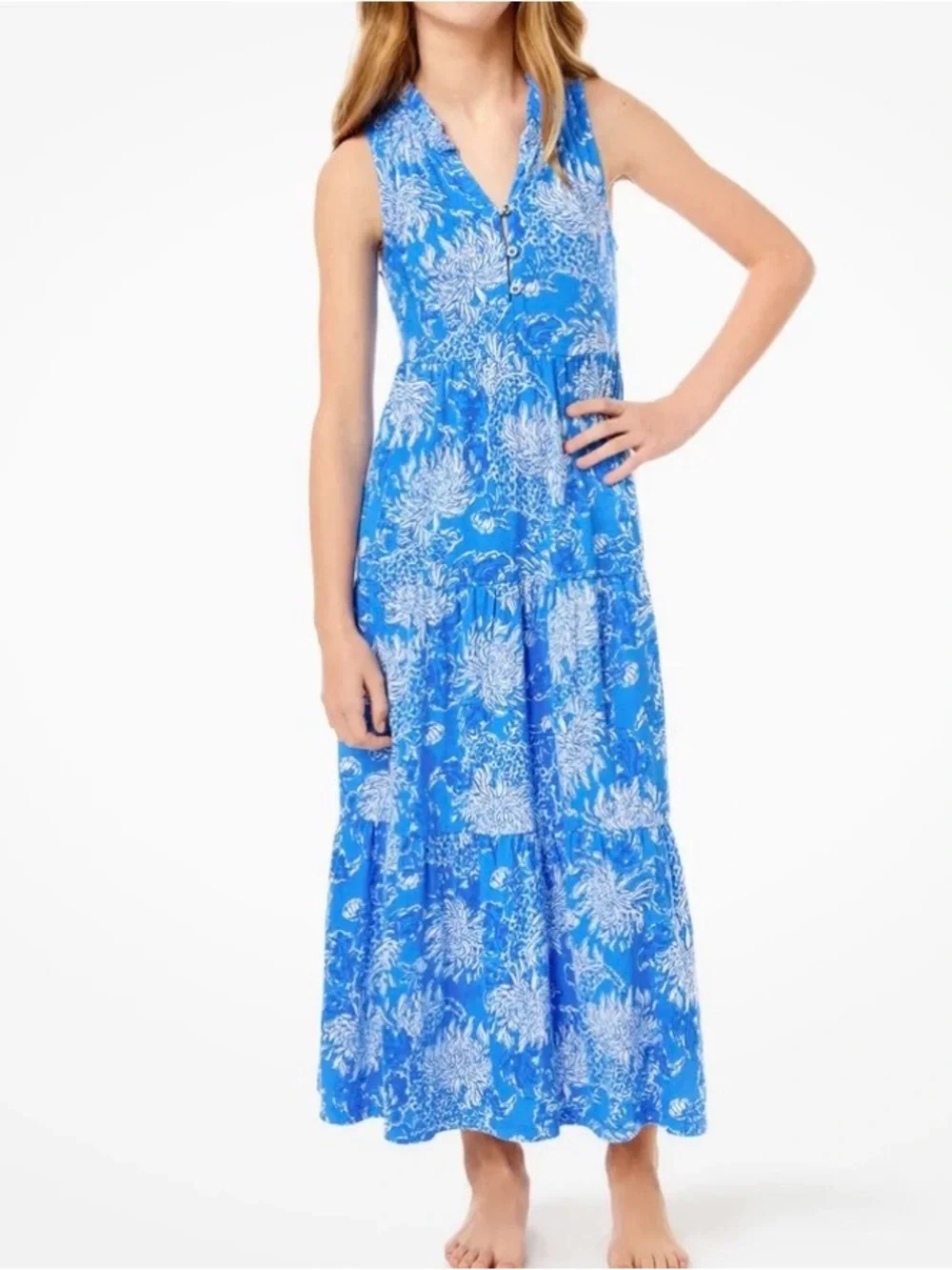 Lilly Pulitzer Blue & White Tiered V-Neck Maxi Dress